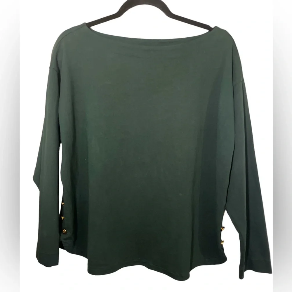 Ralph Lauren Dark Green Boatneck Long-Sleeve Top with Side Buttons - Picture 2 of 8